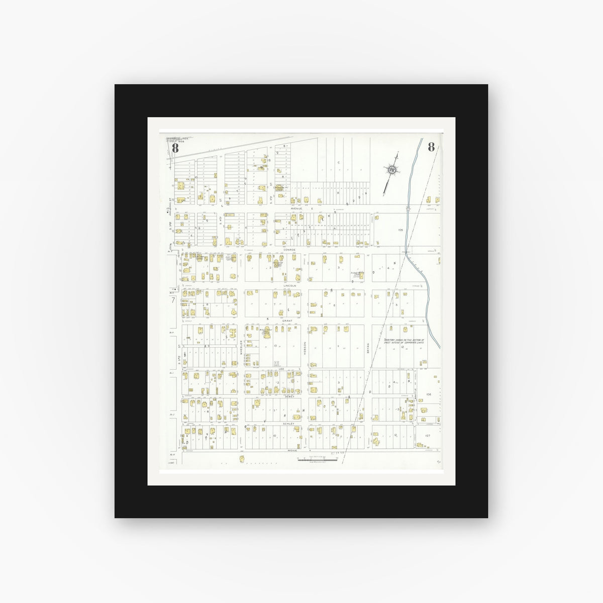 Old map wall art mockup — black gallery frame with white mat — Sanborn Fire Insurance Map from Conroe, Montgomery County, Texas (1938), Sheet #0008