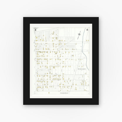 Old map wall art mockup — black gallery frame with white mat — Sanborn Fire Insurance Map from Conroe, Montgomery County, Texas (1938), Sheet #0008
