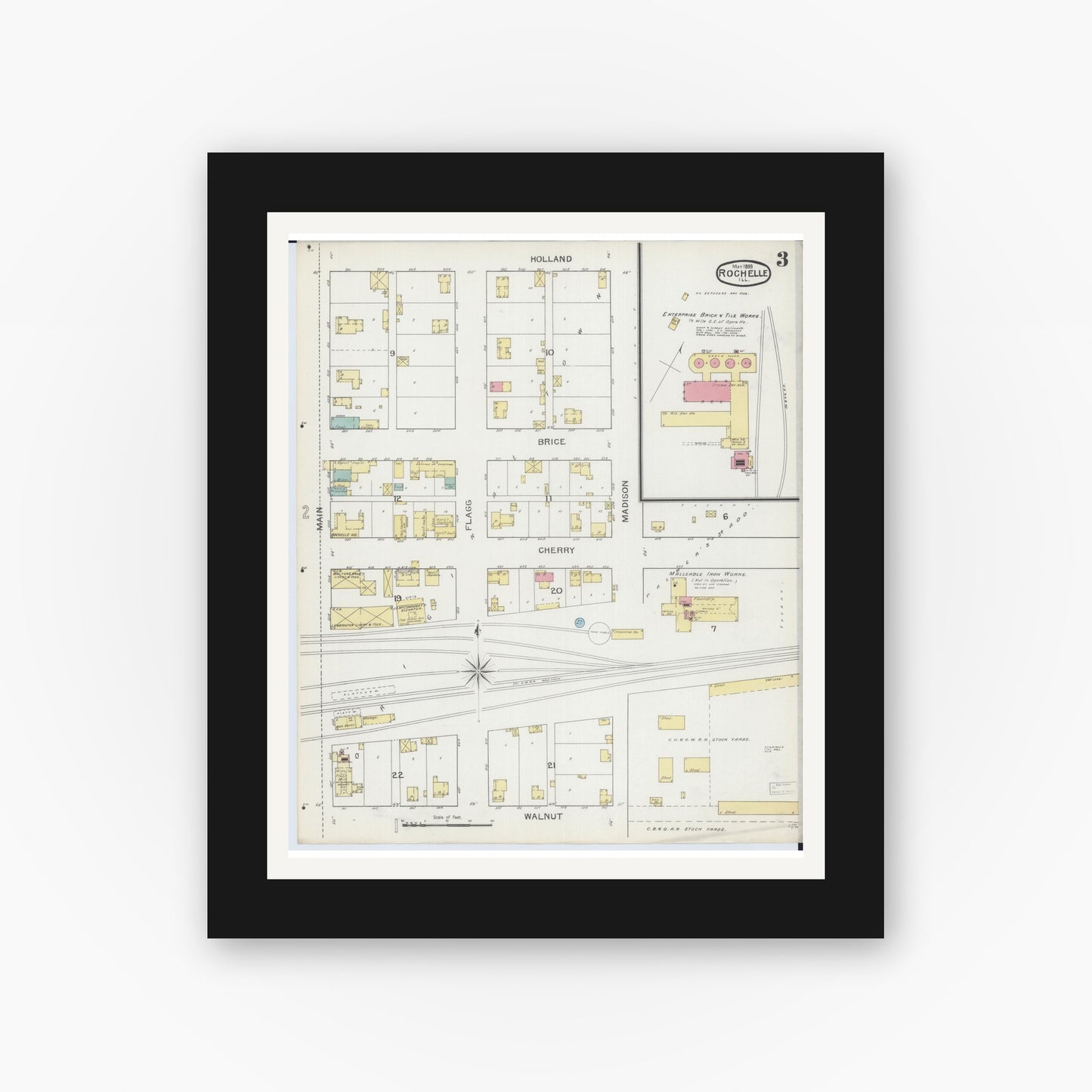 Old map wall art mockup — black gallery frame with white mat — Sanborn Fire Insurance Map from Rochelle, Ogle County, Illinois (1893), Sheet #0003