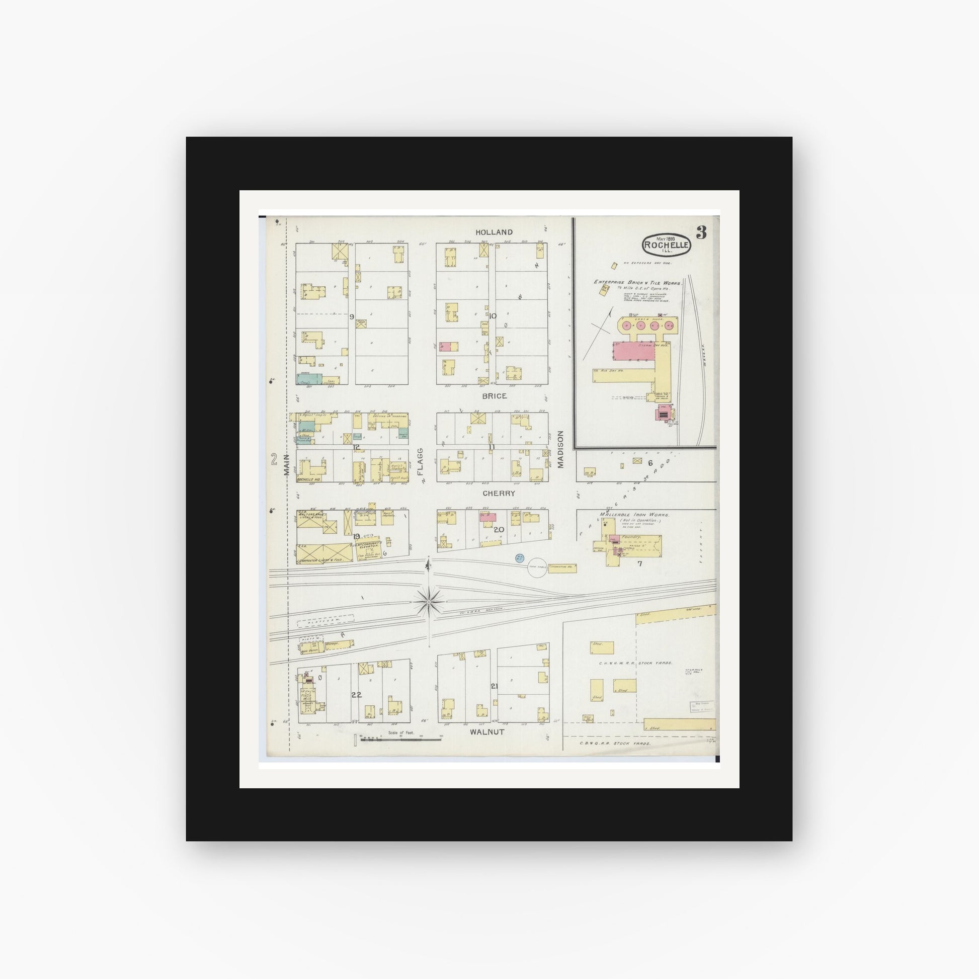 Old map wall art mockup — black gallery frame with white mat — Sanborn Fire Insurance Map from Rochelle, Ogle County, Illinois (1893), Sheet #0003