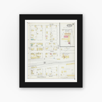 Old map wall art mockup — black gallery frame with white mat — Sanborn Fire Insurance Map from Rochelle, Ogle County, Illinois (1893), Sheet #0003