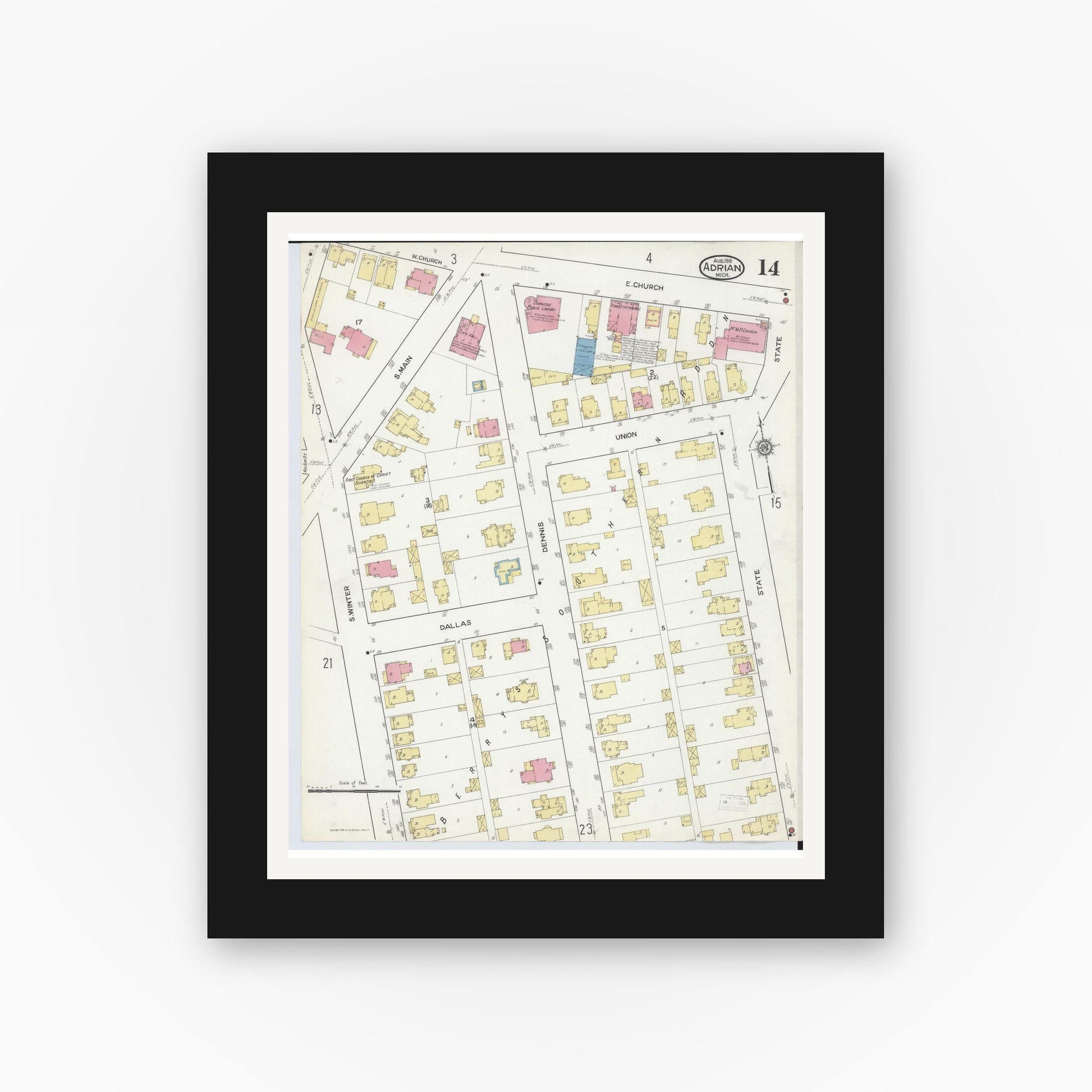 Old map wall art mockup — black gallery frame with white mat — Sanborn Fire Insurance Map from Adrian, Lenawee County, Michigan (1916), Sheet #0014