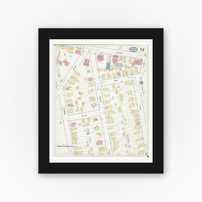 Old map wall art mockup — black gallery frame with white mat — Sanborn Fire Insurance Map from Adrian, Lenawee County, Michigan (1916), Sheet #0014