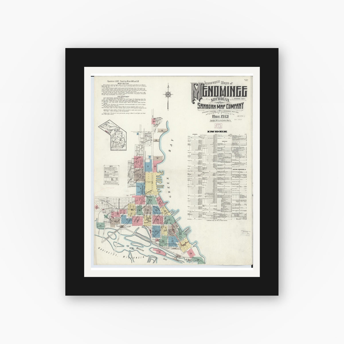 Old map wall art mockup — black gallery frame with white mat — Sanborn Fire Insurance Map from Menominee, Menominee County, Michigan (1913), Sheet #0001