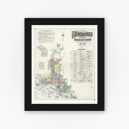 Old map wall art mockup — black gallery frame with white mat — Sanborn Fire Insurance Map from Menominee, Menominee County, Michigan (1913), Sheet #0001