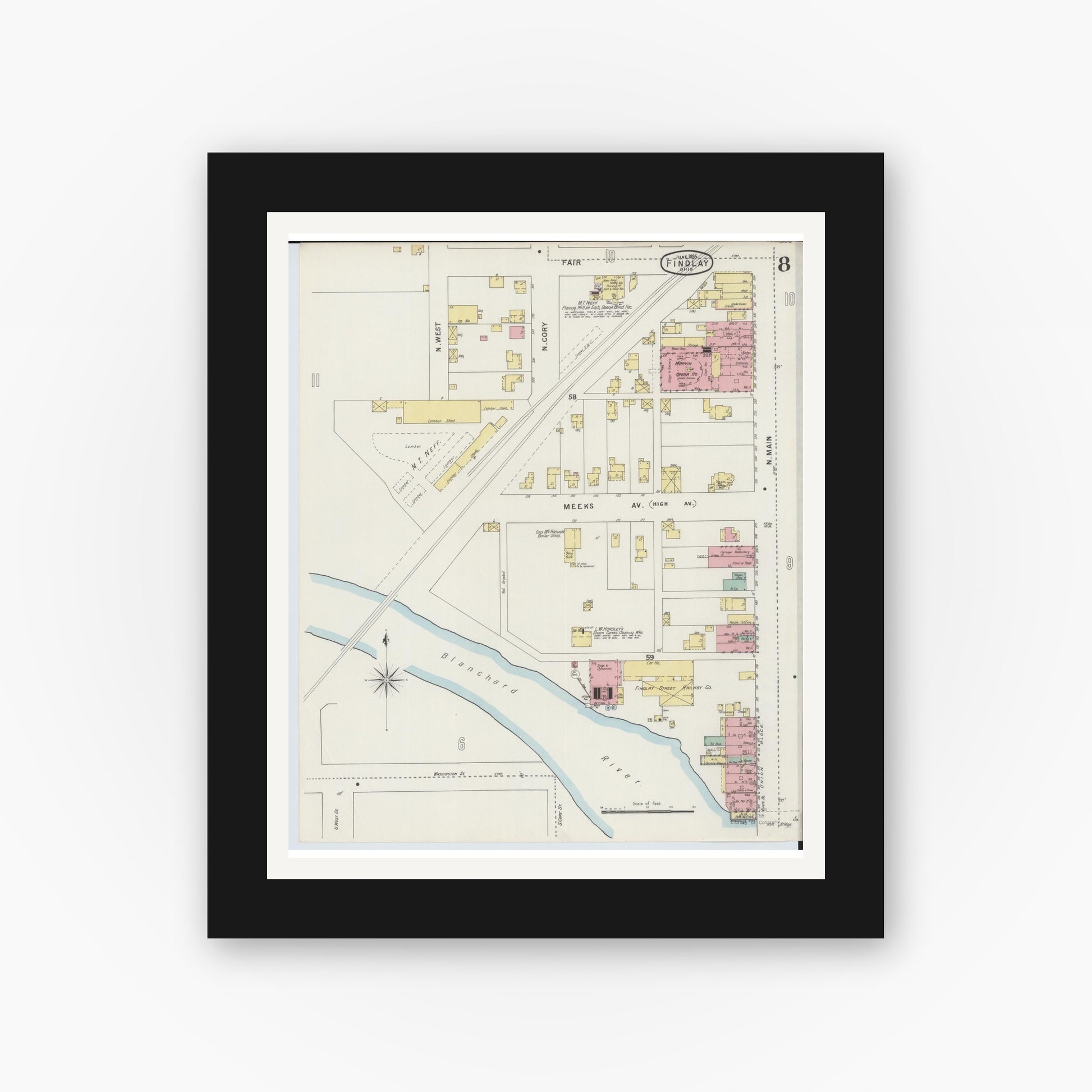 Old map wall art mockup — black gallery frame with white mat — Sanborn Fire Insurance Map from Findlay, Hancock County, Ohio (1895), Sheet #0008
