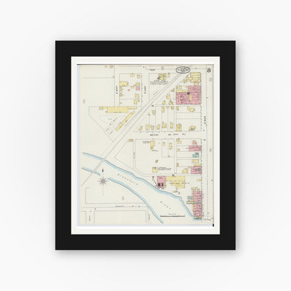 Old map wall art mockup — black gallery frame with white mat — Sanborn Fire Insurance Map from Findlay, Hancock County, Ohio (1895), Sheet #0008