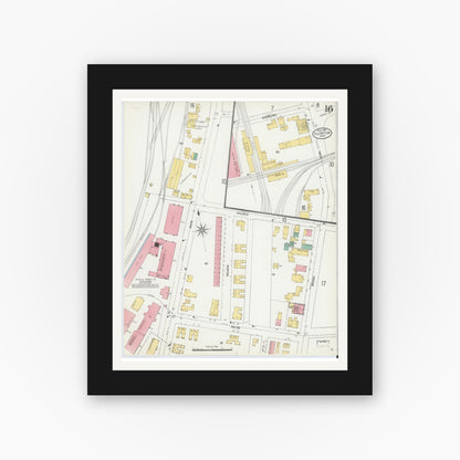 Old map wall art mockup — black gallery frame with white mat — Sanborn Fire Insurance Map from Clinton, Worcester County, Massachusetts (1904), Sheet #0016