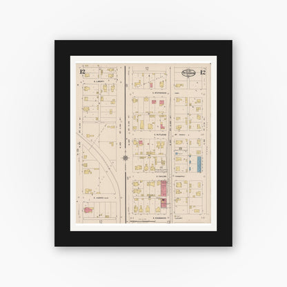 Old map wall art mockup — black gallery frame with white mat — Sanborn Fire Insurance Map from Petersburg, Menard County, Illinois (1922), Sheet #0012
