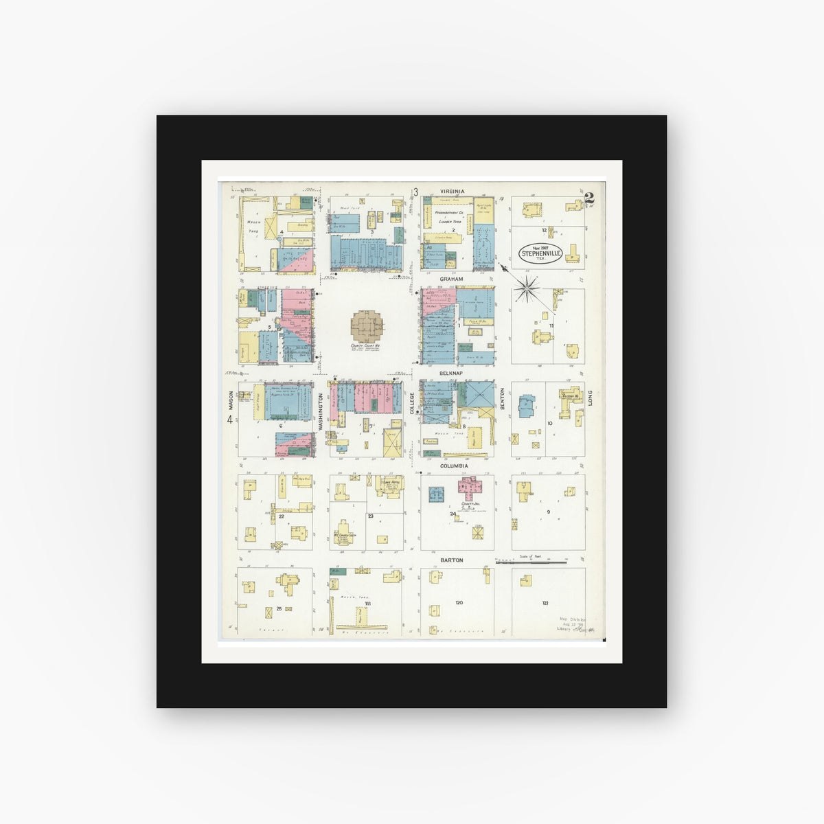 Old map wall art mockup — black gallery frame with white mat — Sanborn Fire Insurance Map from Stephenville, Erath County, Texas (1907), Sheet #0002