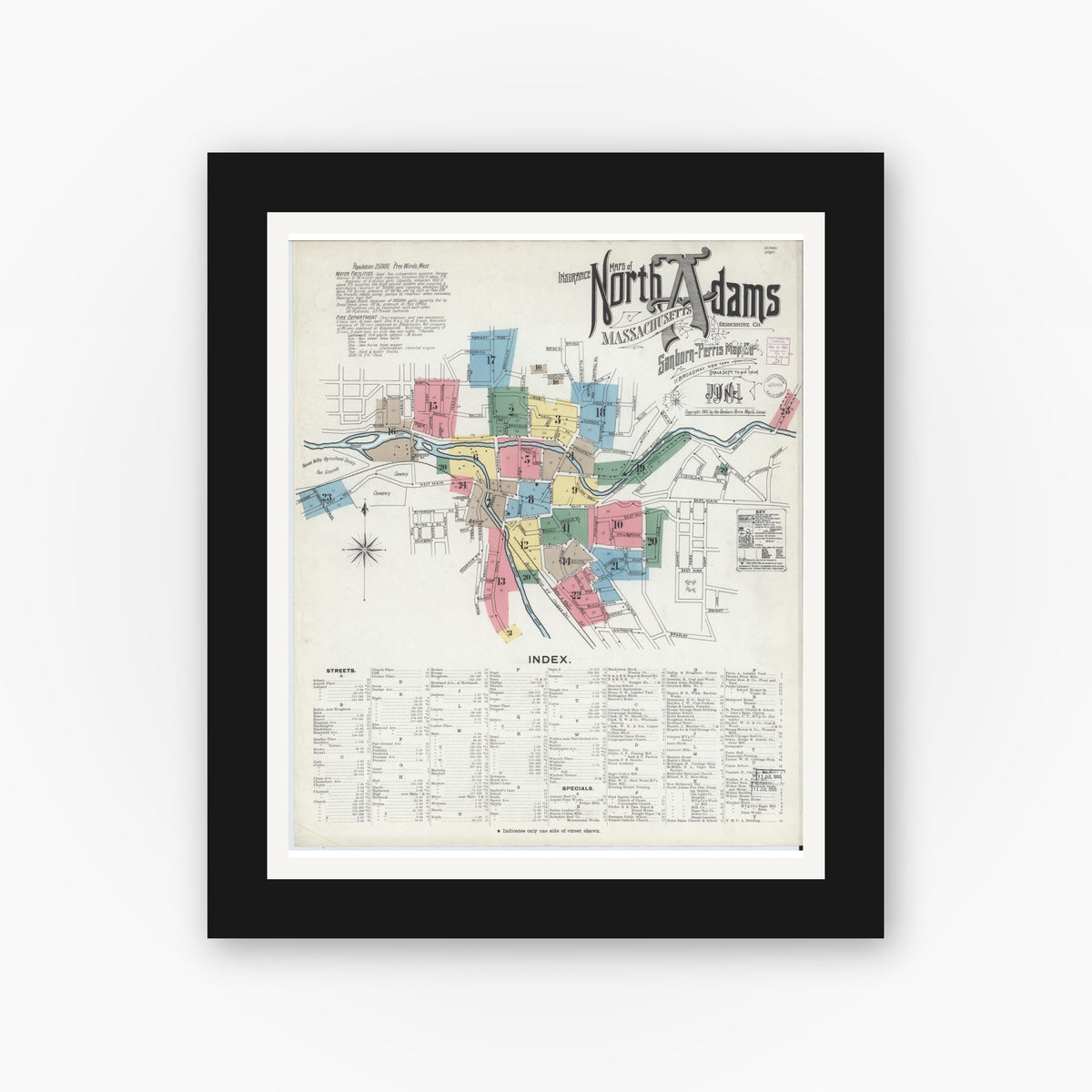 Old map wall art mockup — black gallery frame with white mat — Sanborn Fire Insurance Map from North Adams, Berkshire County, Massachusetts (1901), Sheet #0001