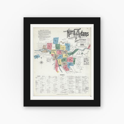 Old map wall art mockup — black gallery frame with white mat — Sanborn Fire Insurance Map from North Adams, Berkshire County, Massachusetts (1901), Sheet #0001
