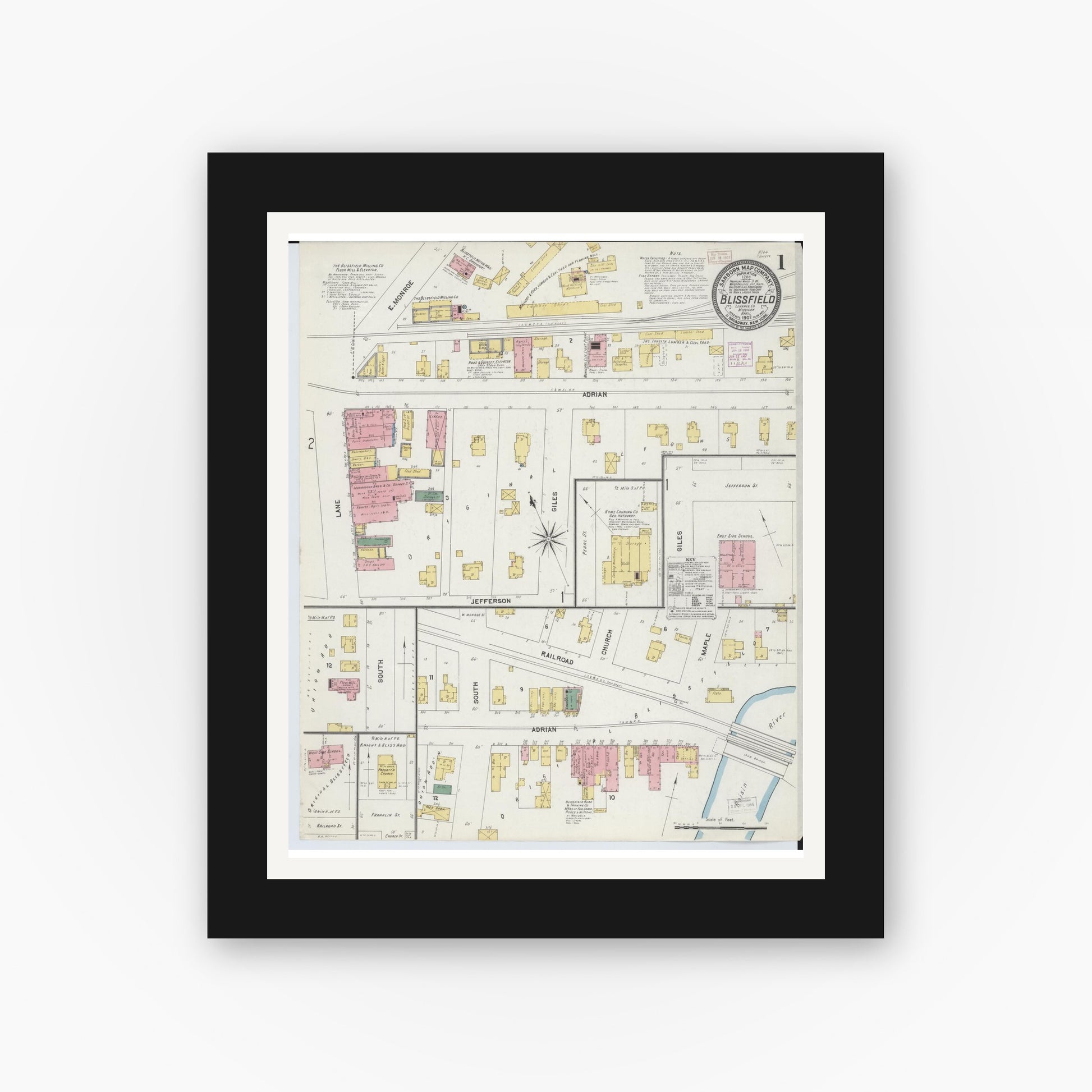 Old map wall art mockup — black gallery frame with white mat — Sanborn Fire Insurance Map from Blissfield, Lenawee County, Michigan (1907) - Complete Map Set