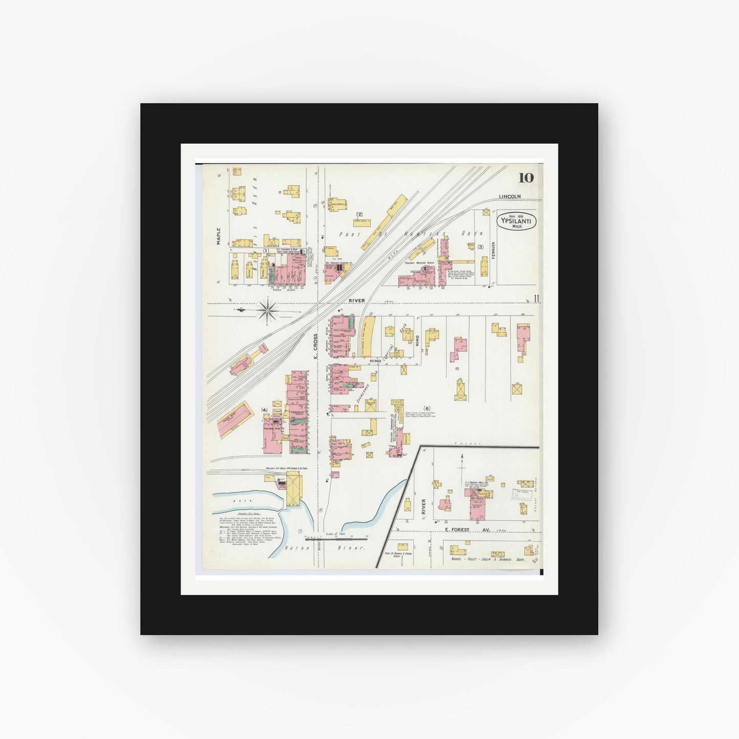 Old map wall art mockup — black gallery frame with white mat — Sanborn Fire Insurance Map from Ypsilanti, Washtenaw County, Michigan (1899), Sheet #0010