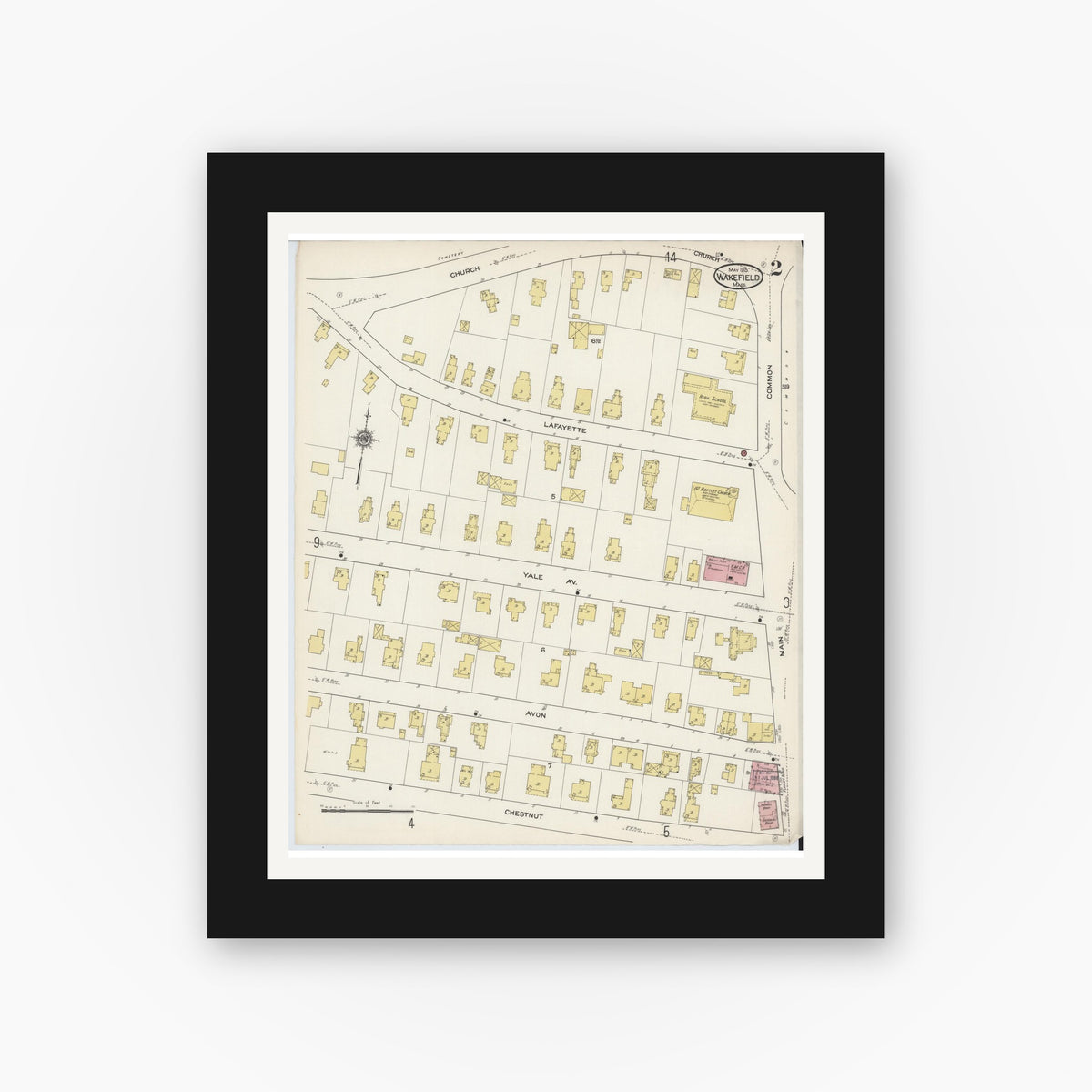 Old map wall art mockup — black gallery frame with white mat — Sanborn Fire Insurance Map from Wakefield, Middlesex County, Massachusetts (1915), Sheet #0002