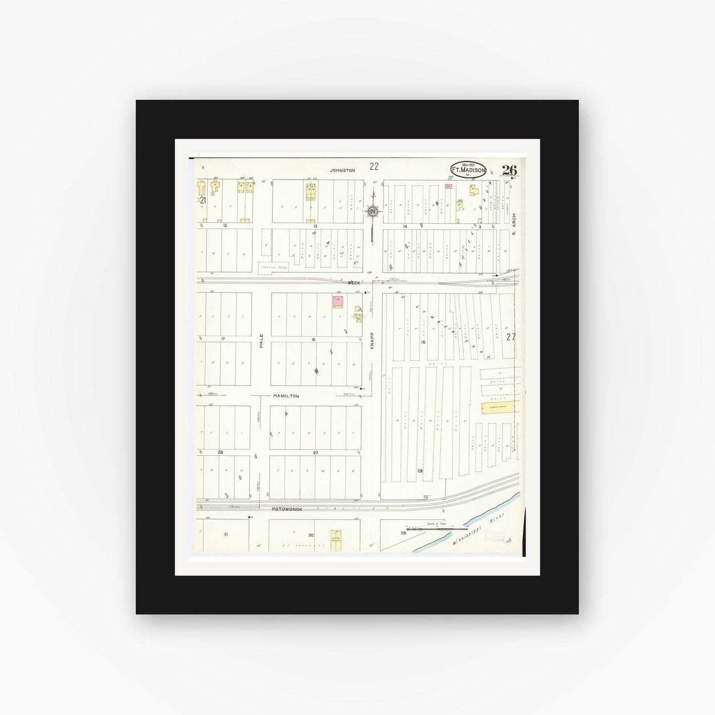 Old map wall art mockup — black gallery frame with white mat — Sanborn Fire Insurance Map from Fort Madison, Lee County, Iowa (1913), Sheet #0026