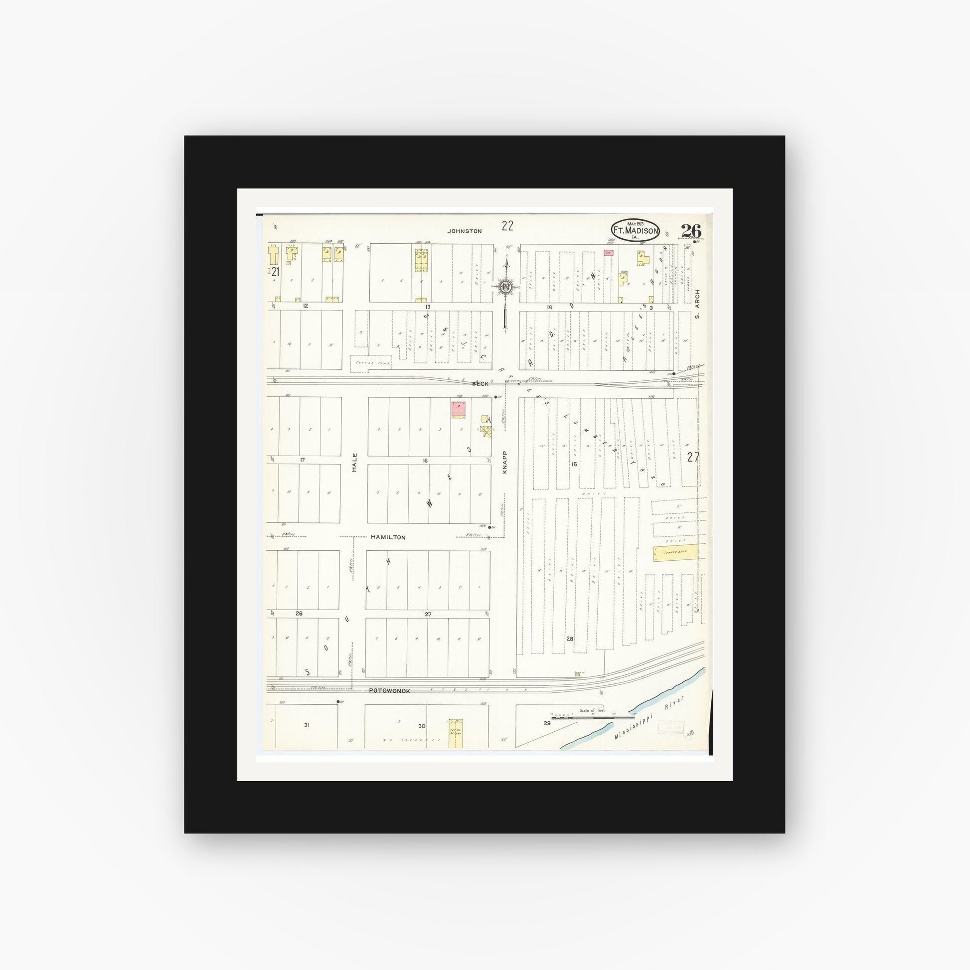 Old map wall art mockup — black gallery frame with white mat — Sanborn Fire Insurance Map from Fort Madison, Lee County, Iowa (1913), Sheet #0026