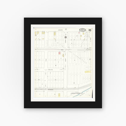Old map wall art mockup — black gallery frame with white mat — Sanborn Fire Insurance Map from Fort Madison, Lee County, Iowa (1913), Sheet #0026