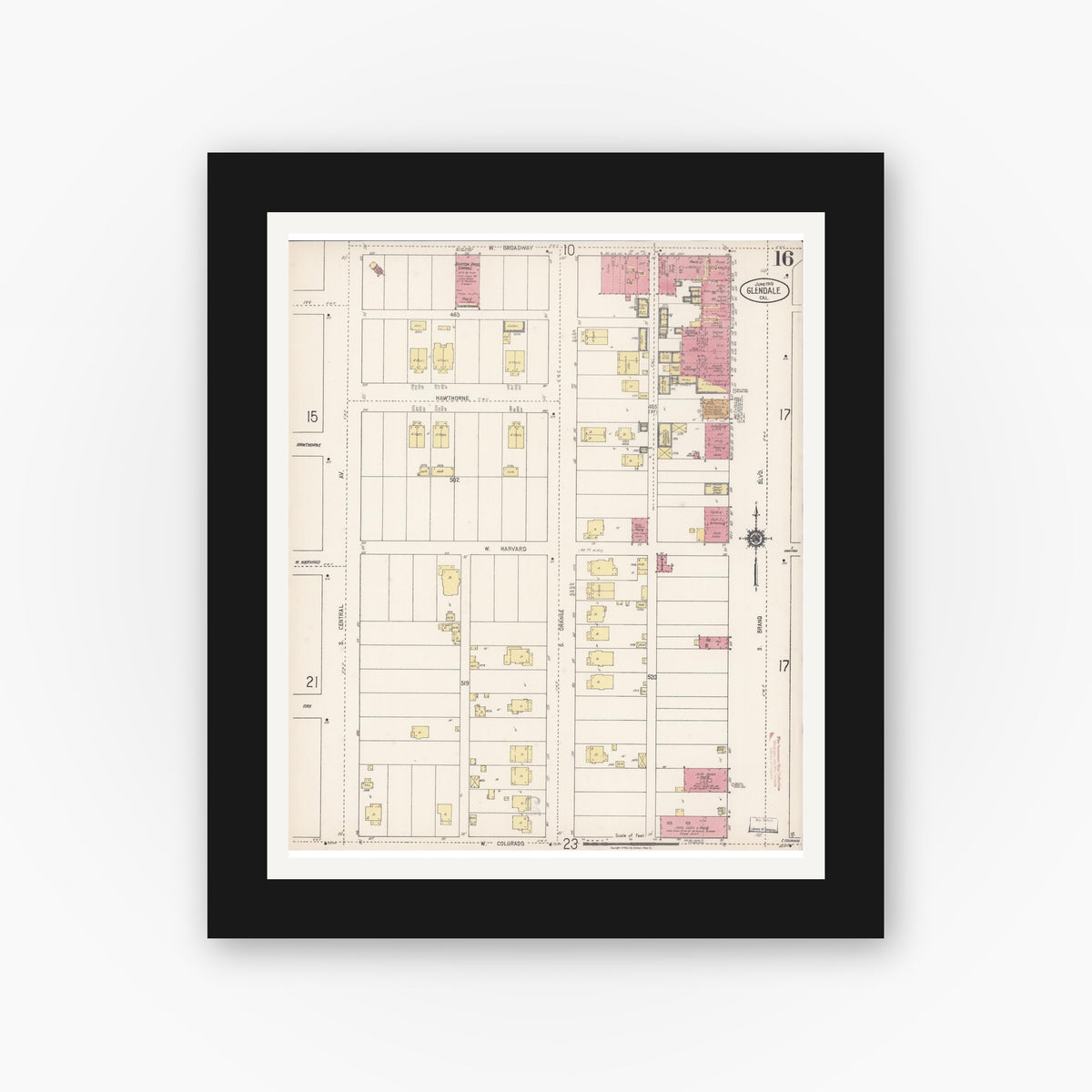 Old map wall art mockup — black gallery frame with white mat — Sanborn Fire Insurance Map from Glendale, Los Angeles County, California (1919), Sheet #0016