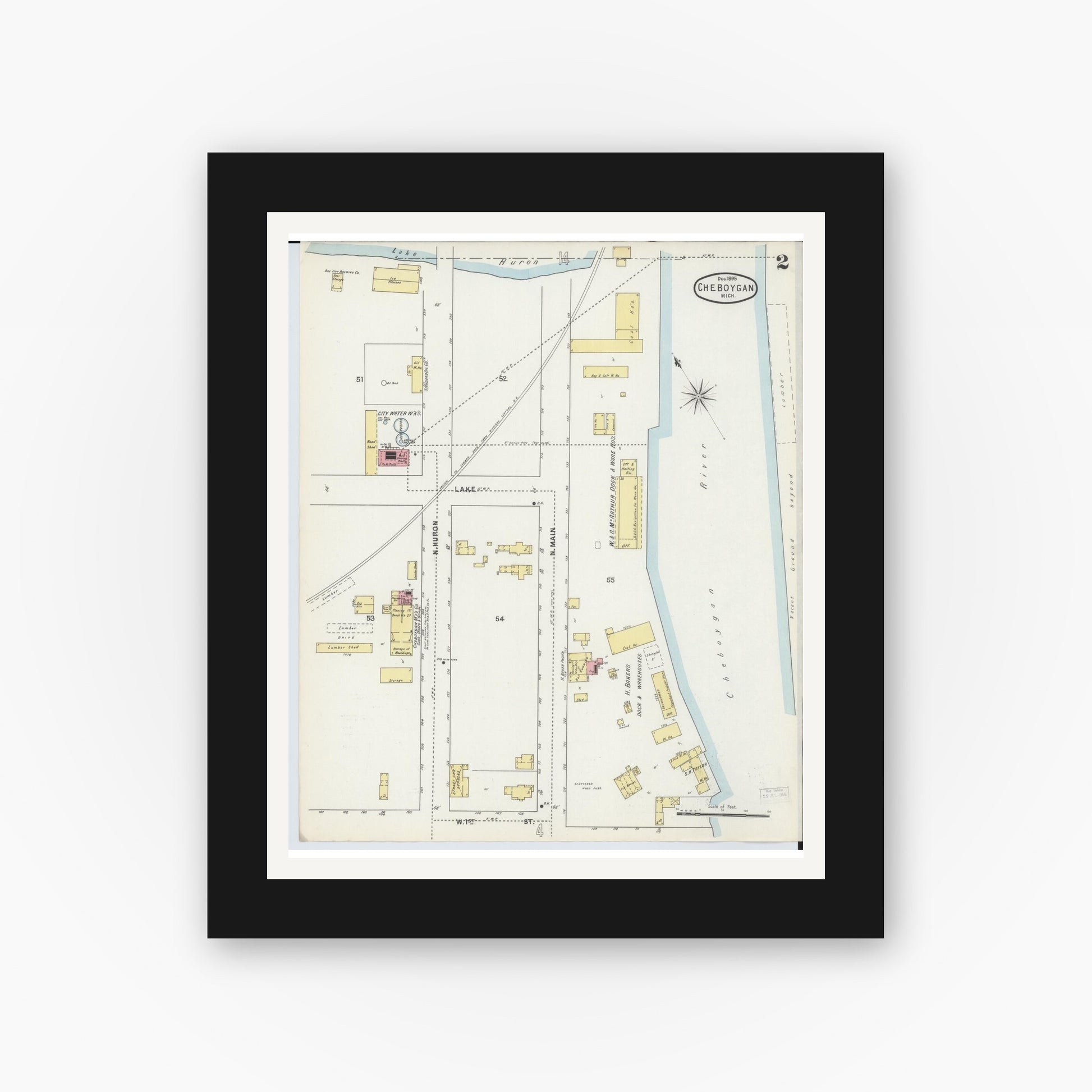Old map wall art mockup — black gallery frame with white mat — Sanborn Fire Insurance Map from Cheboygan, Cheboygan County, Michigan (1895), Sheet #0002