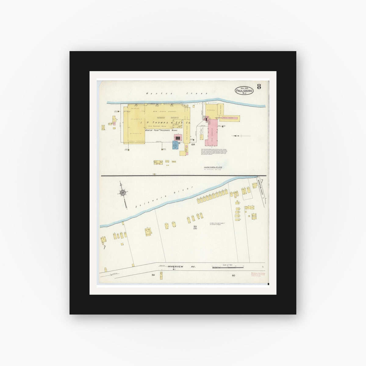Old map wall art mockup — black gallery frame with white mat — Sanborn Fire Insurance Map from Paulsboro, Gloucester County, New Jersey (1915), Sheet #0008