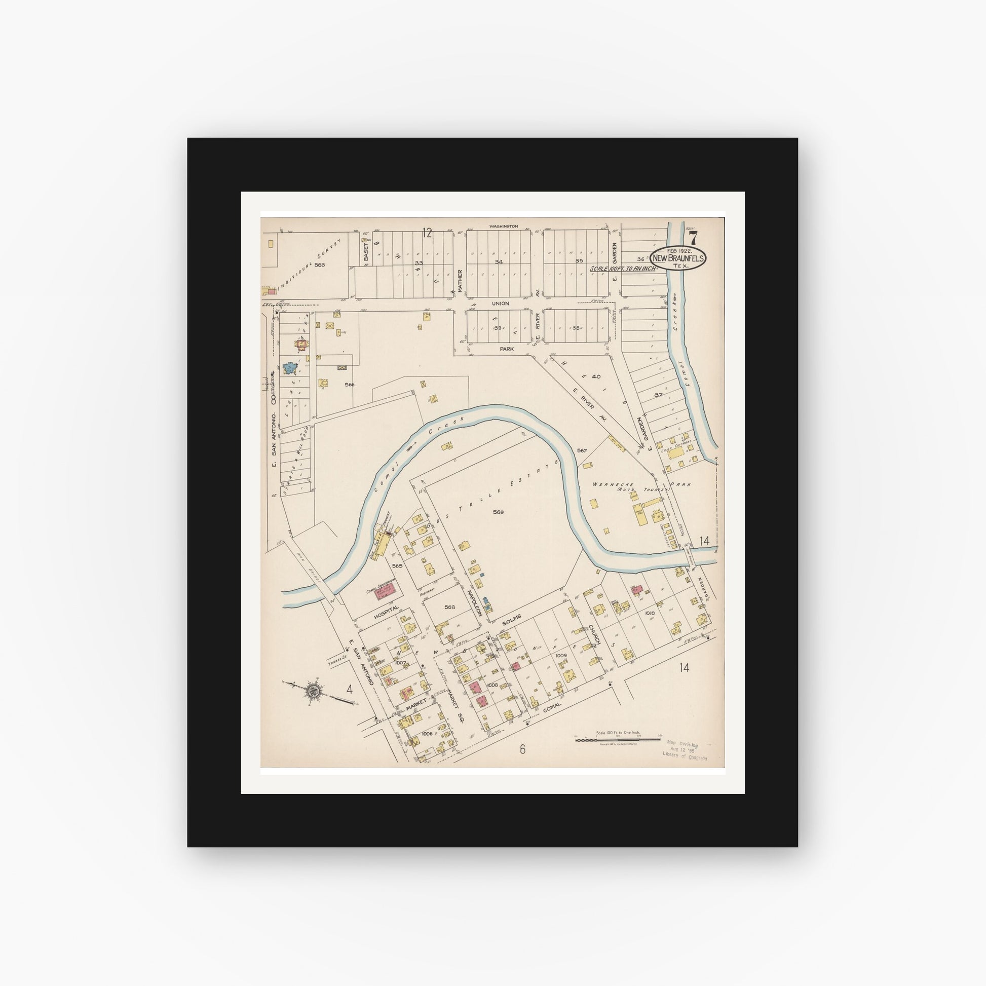 Old map wall art mockup — black gallery frame with white mat — Sanborn Fire Insurance Map from New Braunfels, Comal County, Texas (1922), Sheet #0007