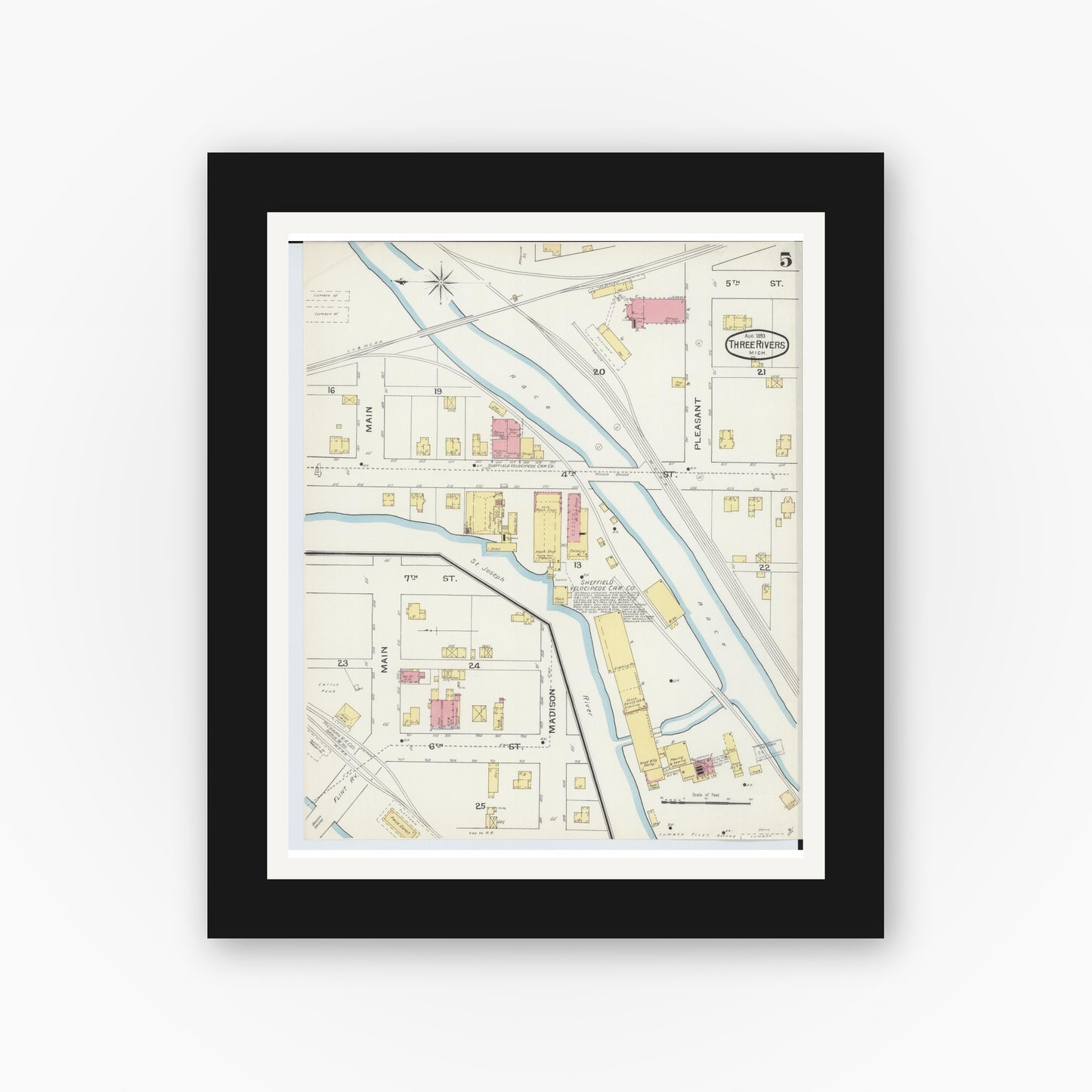 Old map wall art mockup — black gallery frame with white mat — Sanborn Fire Insurance Map from Three Rivers, Saint Joseph County, Michigan (1893), Sheet #0005