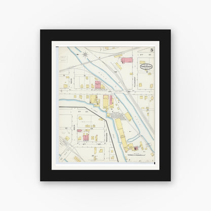 Old map wall art mockup — black gallery frame with white mat — Sanborn Fire Insurance Map from Three Rivers, Saint Joseph County, Michigan (1893), Sheet #0005