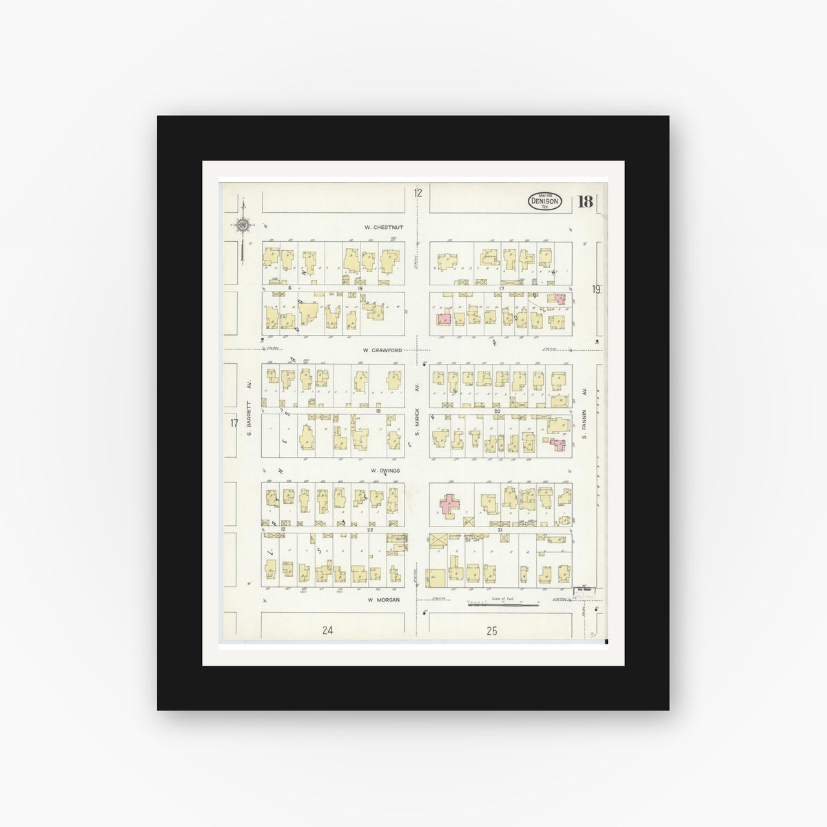 Old map wall art mockup — black gallery frame with white mat — Sanborn Fire Insurance Map from Denison, Grayson County, Texas (1914), Sheet #0018