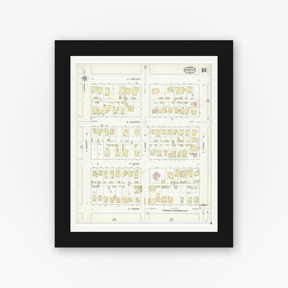Old map wall art mockup — black gallery frame with white mat — Sanborn Fire Insurance Map from Denison, Grayson County, Texas (1914), Sheet #0018