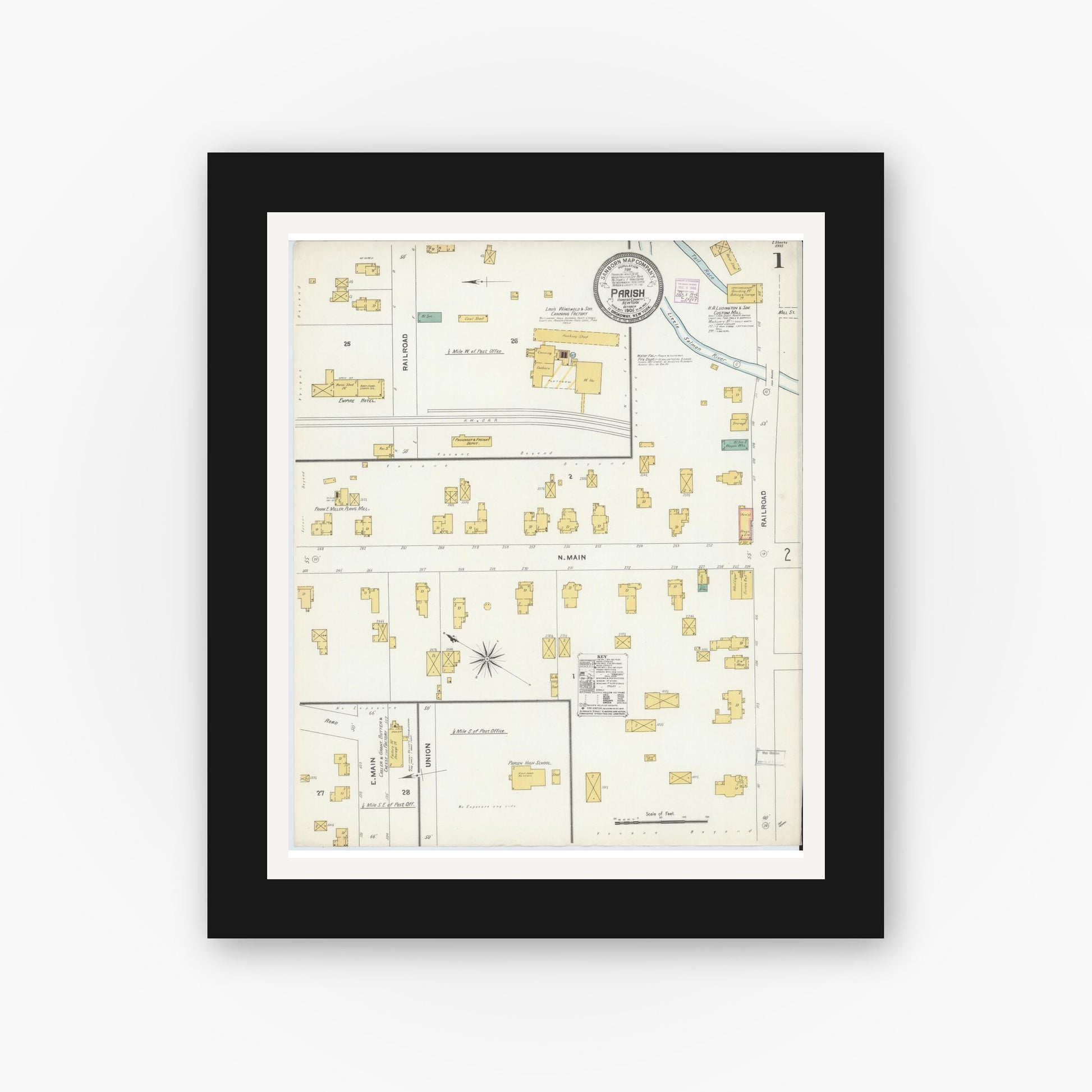 Old map wall art mockup — black gallery frame with white mat — Sanborn Fire Insurance Map from Parish, Oswego County, New York (1906) - Complete Map Set