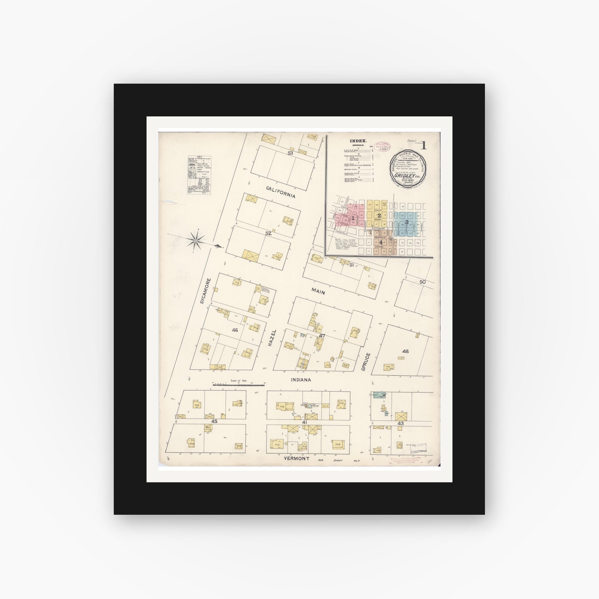 Old map wall art mockup — black gallery frame with white mat — Sanborn Fire Insurance Map from Gridley, Butte County, California (1890) - Complete Map Set