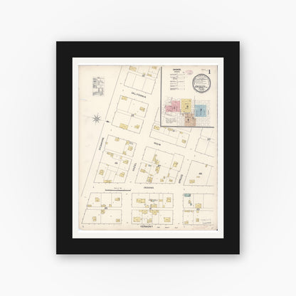Old map wall art mockup — black gallery frame with white mat — Sanborn Fire Insurance Map from Gridley, Butte County, California (1890) - Complete Map Set