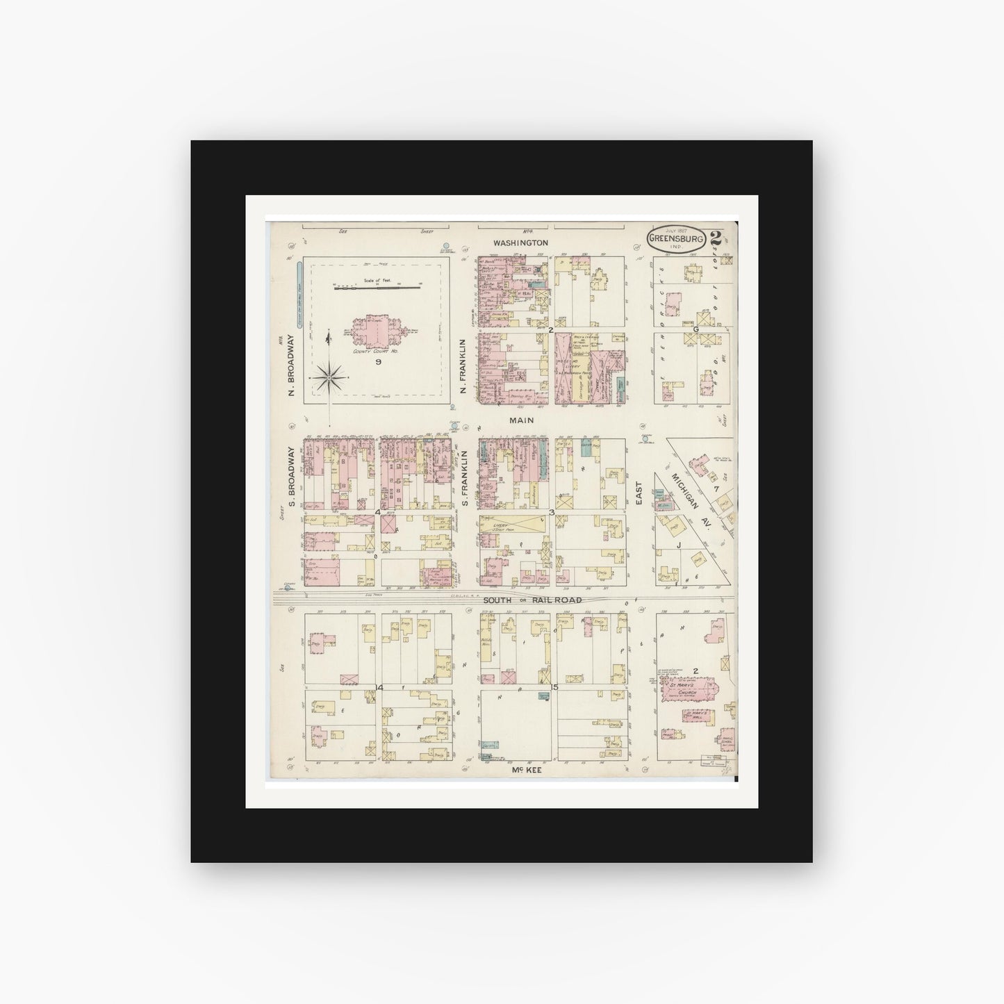 Old map wall art mockup — black gallery frame with white mat — Sanborn Fire Insurance Map from Greensburg, Decatur County, Indiana (1887), Sheet #0002