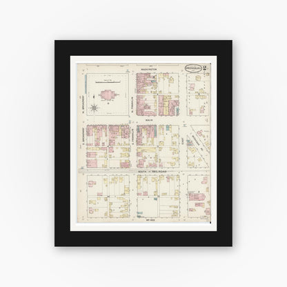 Old map wall art mockup — black gallery frame with white mat — Sanborn Fire Insurance Map from Greensburg, Decatur County, Indiana (1887), Sheet #0002