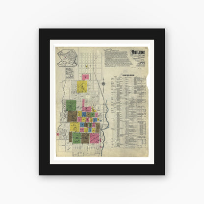 Old map wall art mockup — black gallery frame with white mat — Sanborn Fire Insurance Map from Abilene, Taylor County, Texas (1919), Sheet #0001