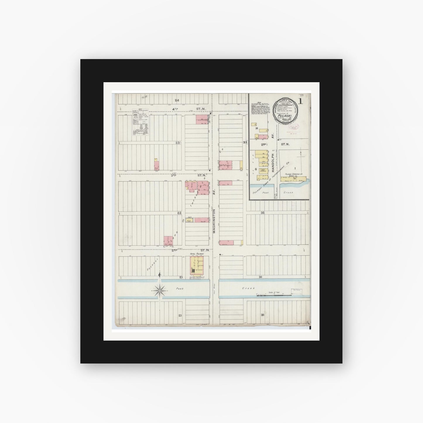 Old map wall art mockup — black gallery frame with white mat — Sanborn Fire Insurance Map from Pulaski, Pulaski County, Virginia (1894) - Complete Map Set