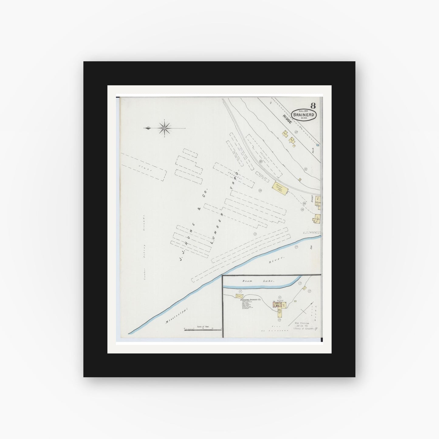 Old map wall art mockup — black gallery frame with white mat — Sanborn Fire Insurance Map from Brainerd, Crow Wing County, Minnesota (1889), Sheet #0008
