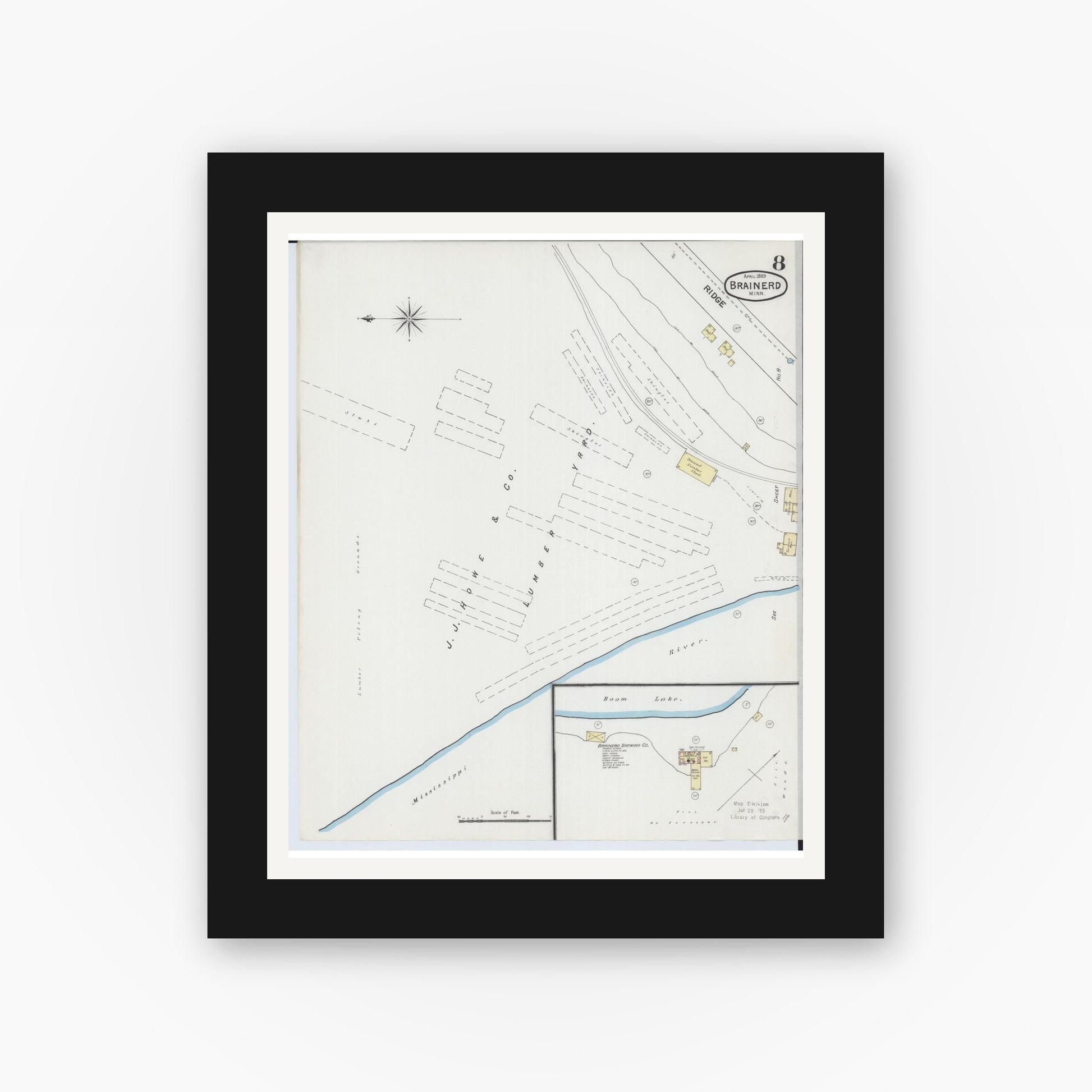 Old map wall art mockup — black gallery frame with white mat — Sanborn Fire Insurance Map from Brainerd, Crow Wing County, Minnesota (1889), Sheet #0008
