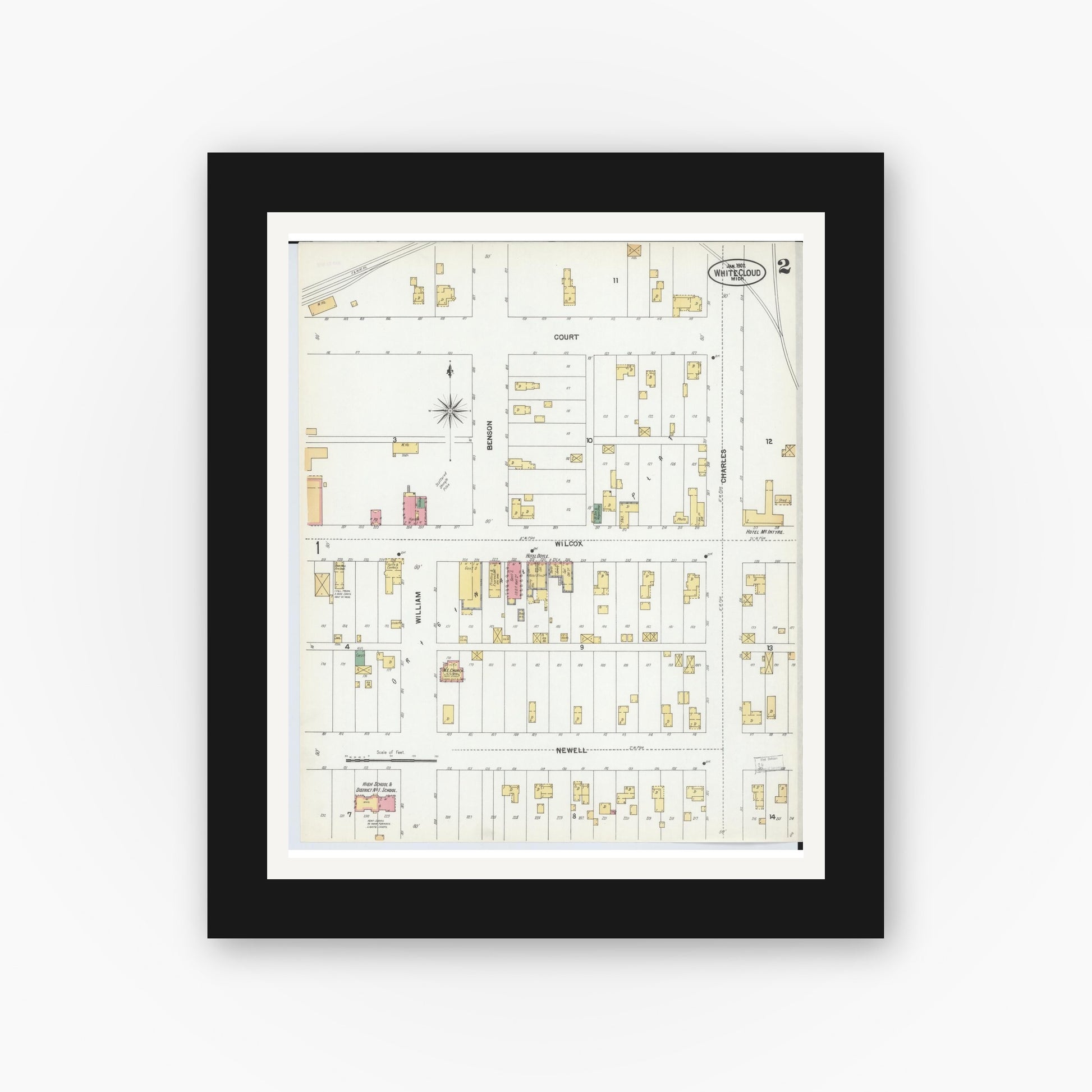 Old map wall art mockup — black gallery frame with white mat — Sanborn Fire Insurance Map from White Cloud, Newaygo County, Michigan (1902), Sheet #0002