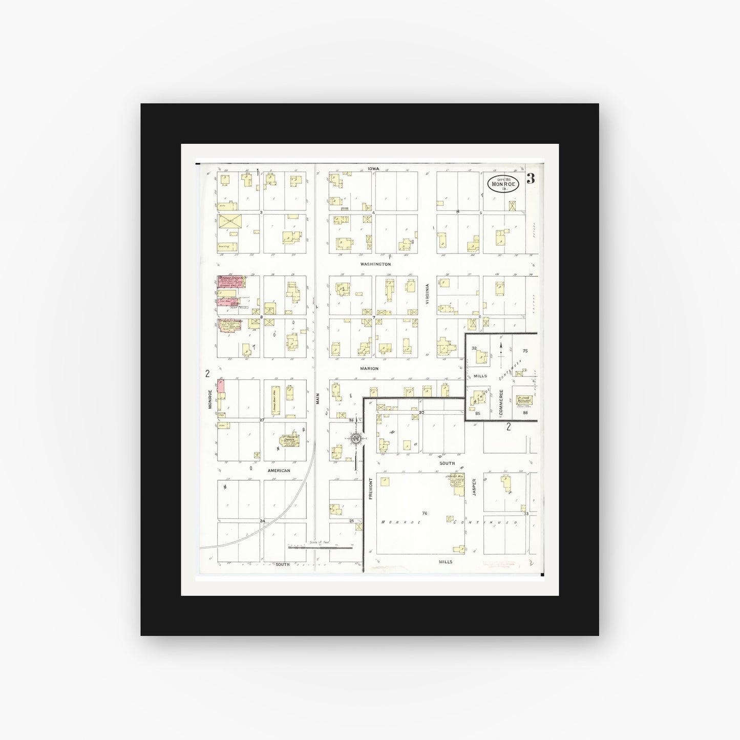 Old map wall art mockup — black gallery frame with white mat — Sanborn Fire Insurance Map from Monroe, Jasper County, Iowa (1911), Sheet #0003