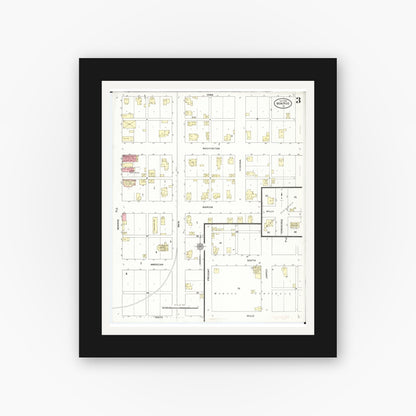 Old map wall art mockup — black gallery frame with white mat — Sanborn Fire Insurance Map from Monroe, Jasper County, Iowa (1911), Sheet #0003