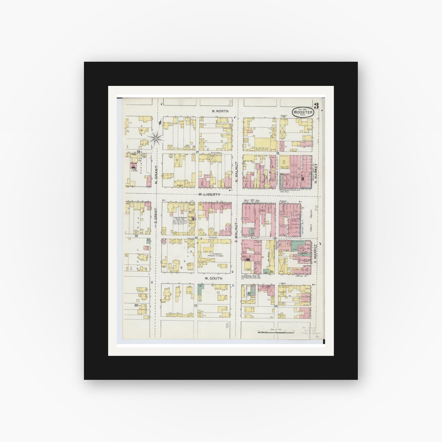 Old map wall art mockup — black gallery frame with white mat — Sanborn Fire Insurance Map from Wooster, Wayne County, Ohio (1892), Sheet #0003
