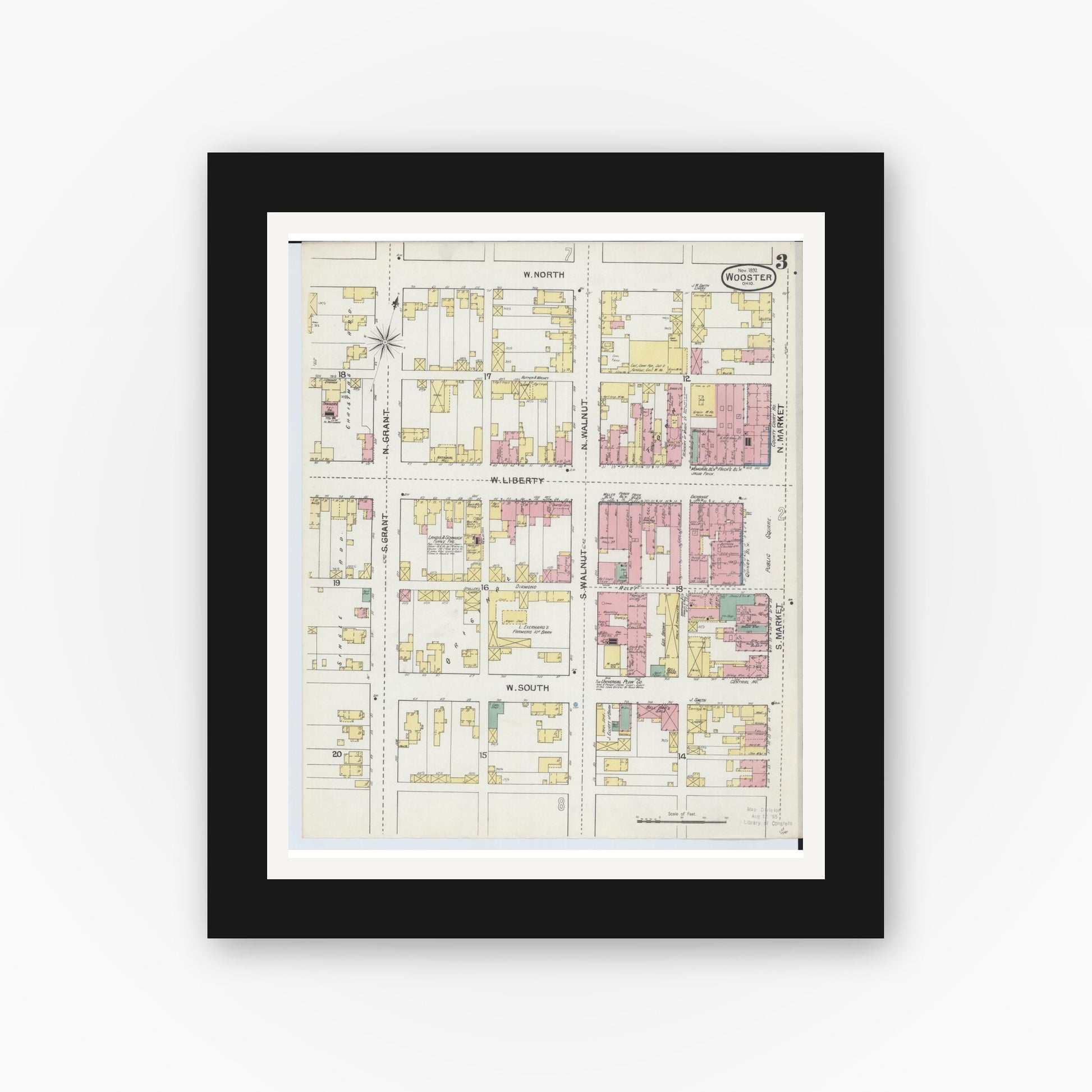 Old map wall art mockup — black gallery frame with white mat — Sanborn Fire Insurance Map from Wooster, Wayne County, Ohio (1892), Sheet #0003