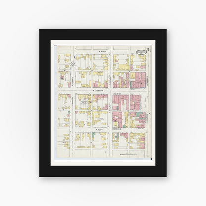 Old map wall art mockup — black gallery frame with white mat — Sanborn Fire Insurance Map from Wooster, Wayne County, Ohio (1892), Sheet #0003