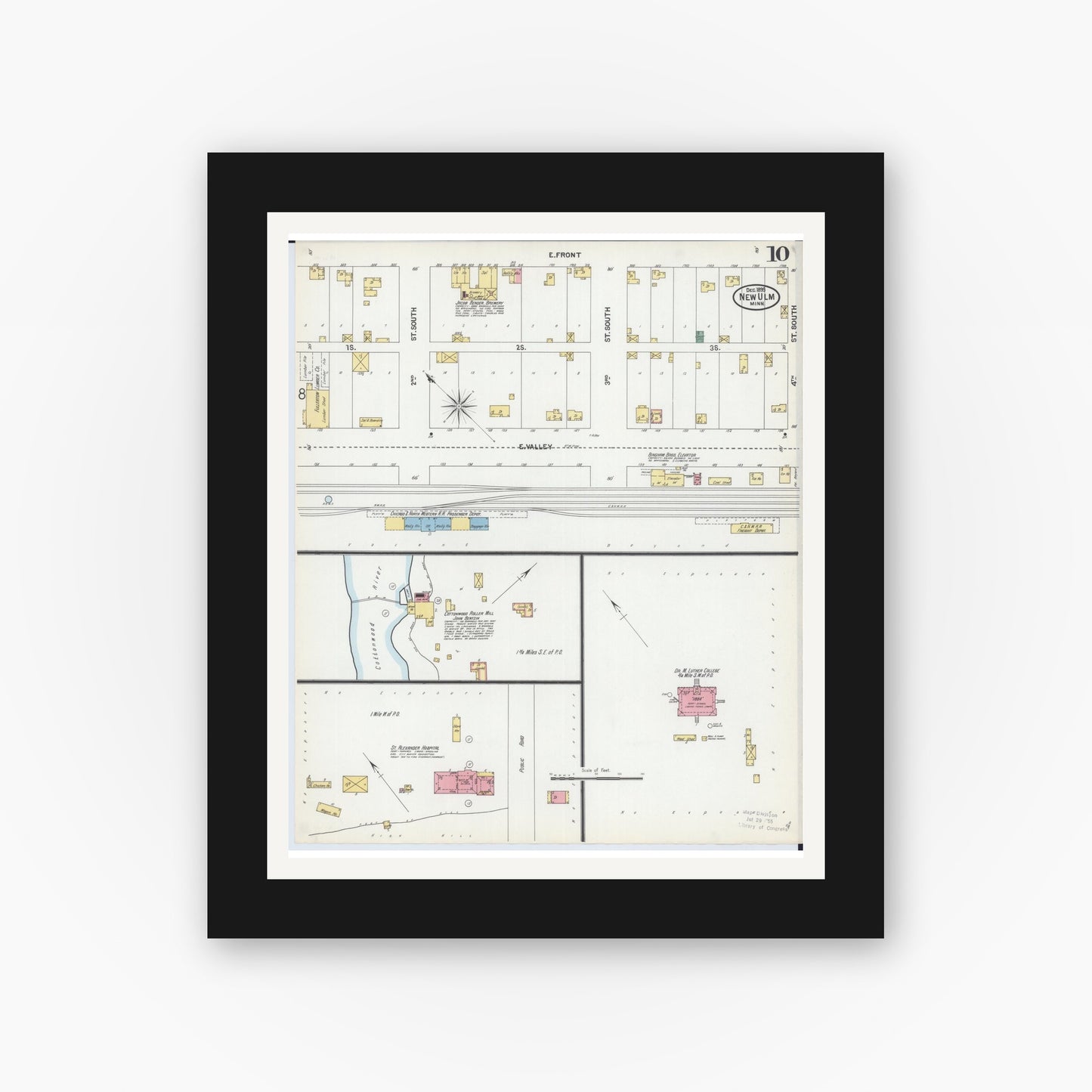 Old map wall art mockup — black gallery frame with white mat — Sanborn Fire Insurance Map from New Ulm, Brown County, Minnesota (1899), Sheet #0010