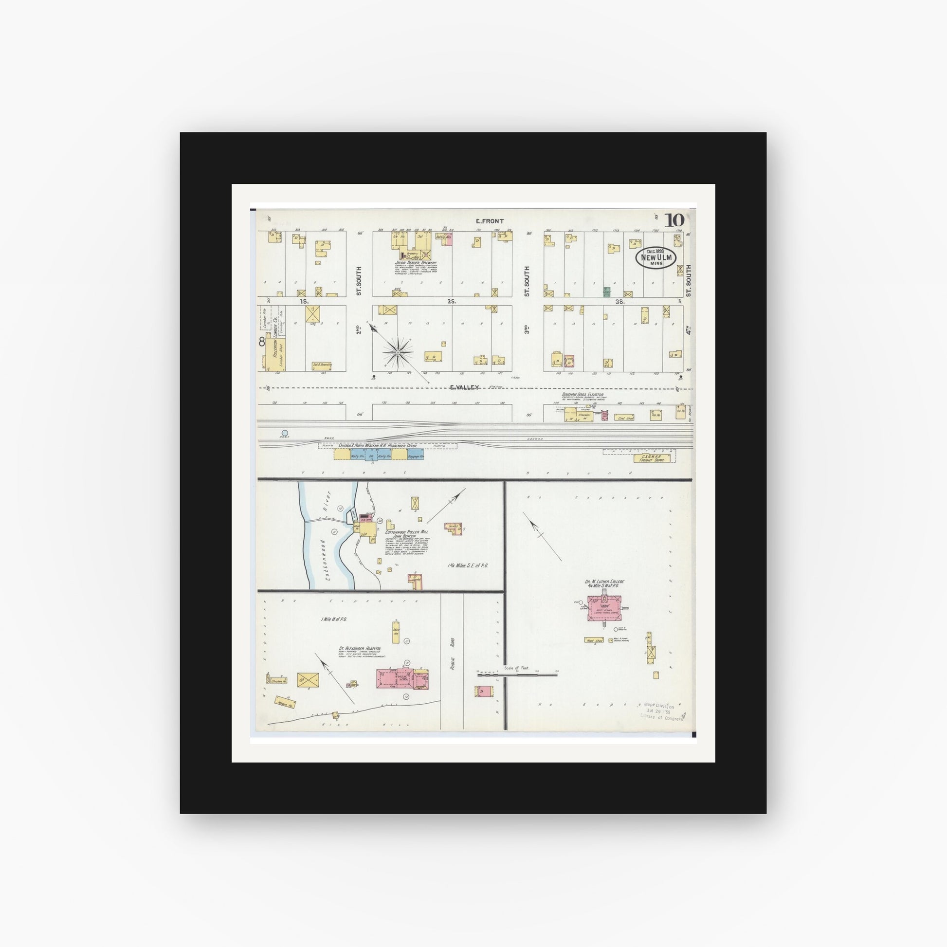 Old map wall art mockup — black gallery frame with white mat — Sanborn Fire Insurance Map from New Ulm, Brown County, Minnesota (1899), Sheet #0010