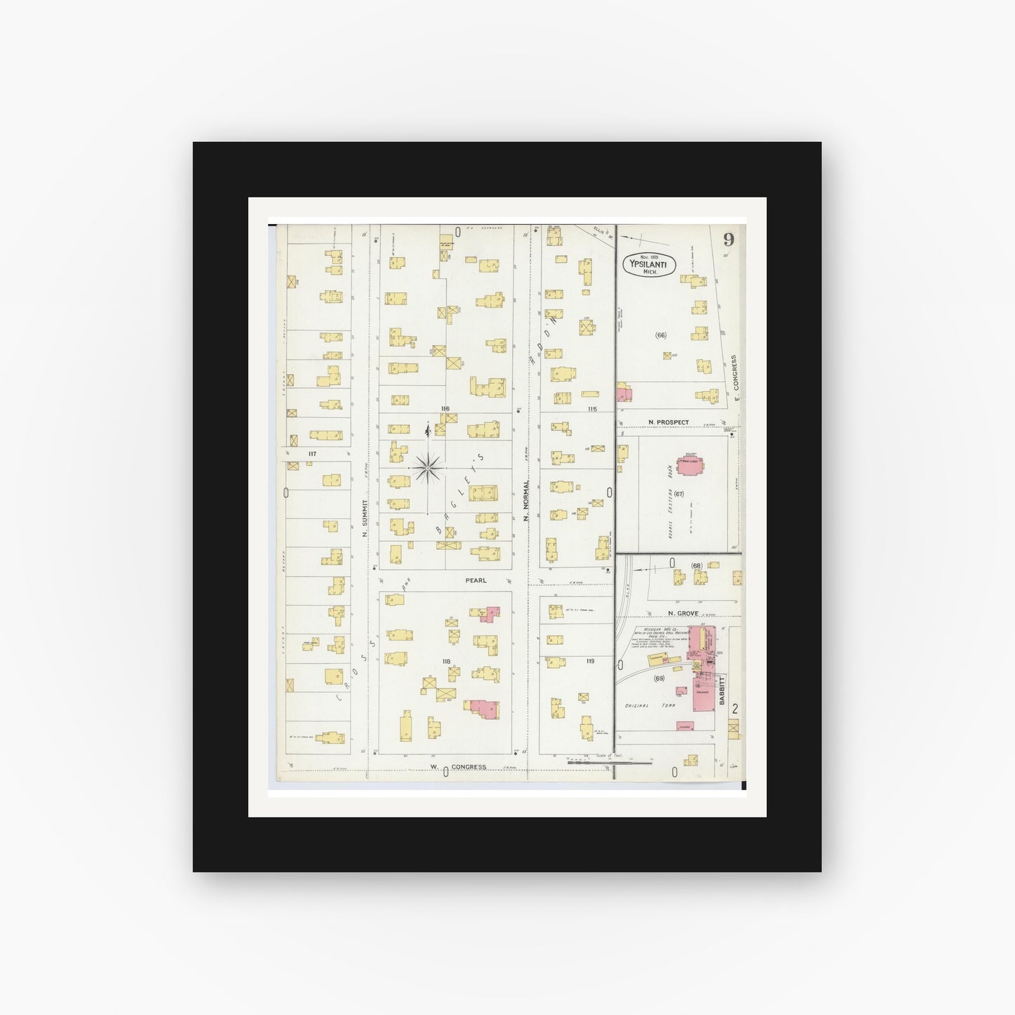 Old map wall art mockup — black gallery frame with white mat — Sanborn Fire Insurance Map from Ypsilanti, Washtenaw County, Michigan (1899), Sheet #0009