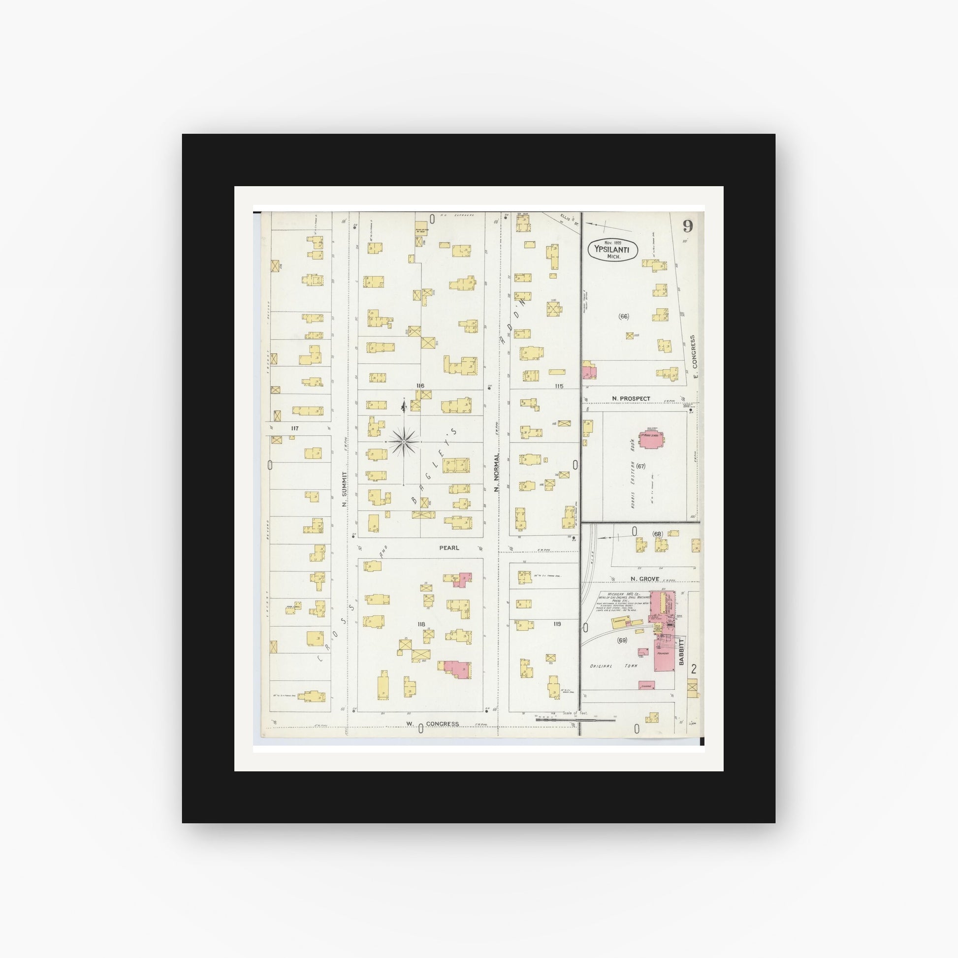 Old map wall art mockup — black gallery frame with white mat — Sanborn Fire Insurance Map from Ypsilanti, Washtenaw County, Michigan (1899), Sheet #0009
