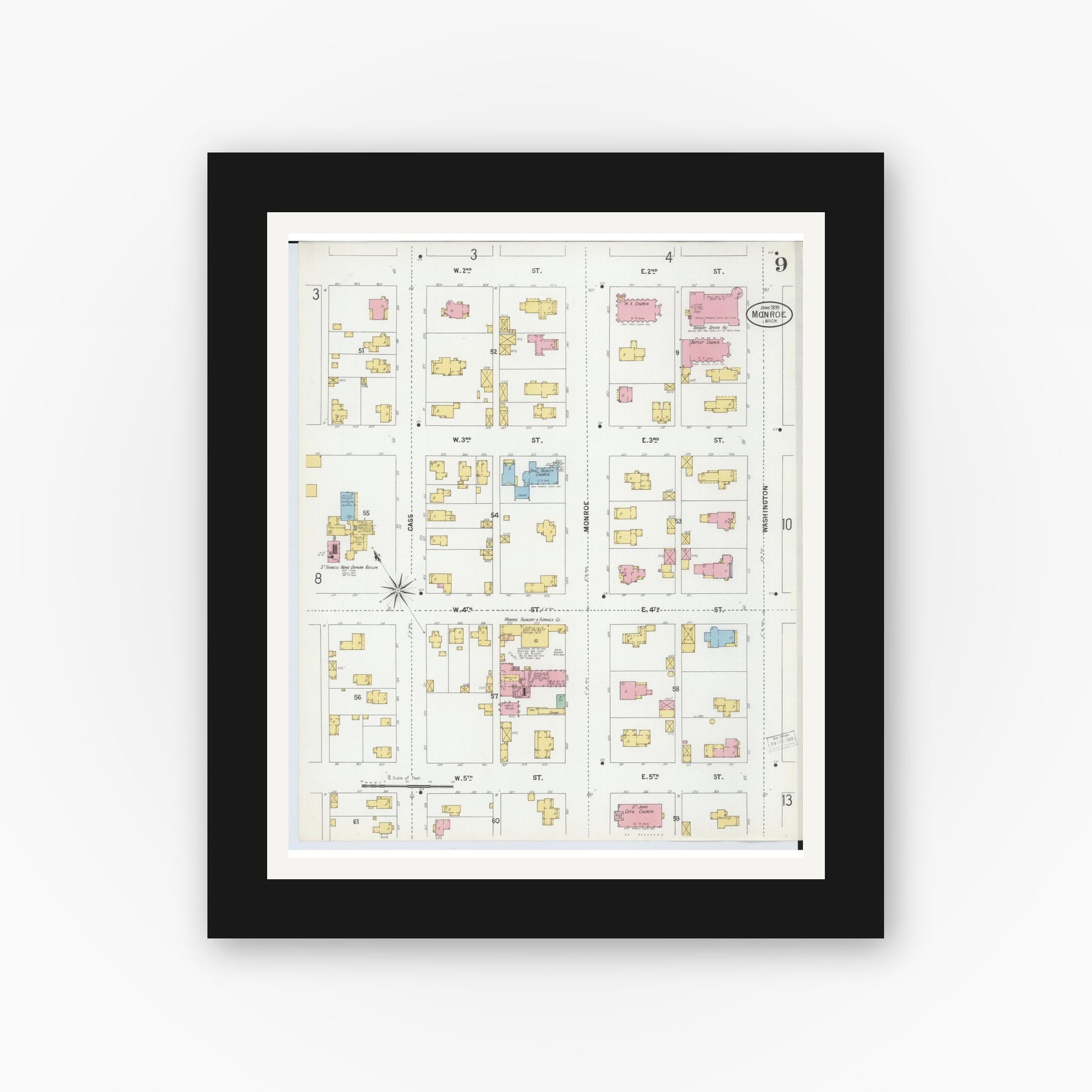 Old map wall art mockup — black gallery frame with white mat — Sanborn Fire Insurance Map from Monroe, Monroe County, Michigan (1899), Sheet #0009